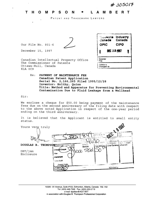 Canadian Patent Document 2166265. Fees 19961215. Image 1 of 1