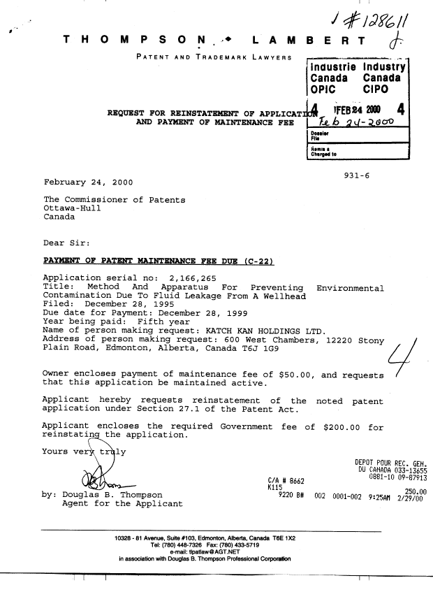 Document de brevet canadien 2166265. Taxes 20000224. Image 1 de 1