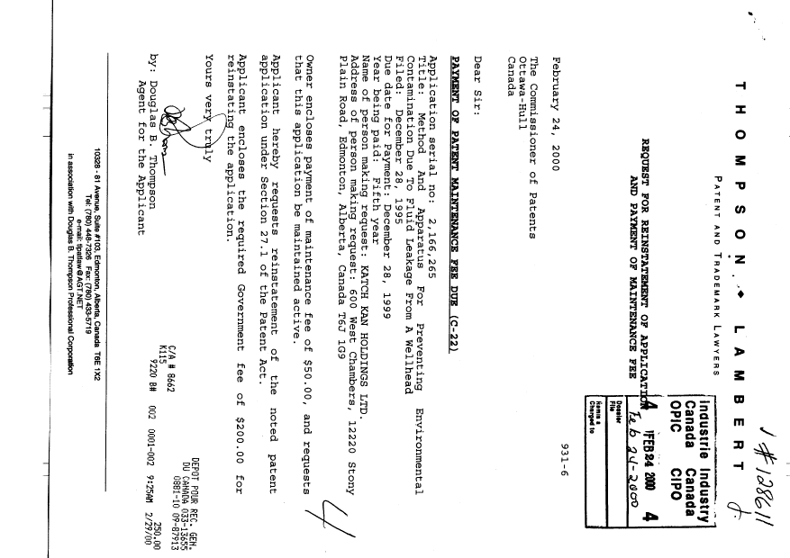 Canadian Patent Document 2166265. Fees 20000224. Image 1 of 1