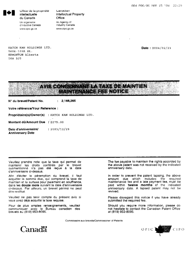 Canadian Patent Document 2166265. Fees 20031231. Image 9 of 9