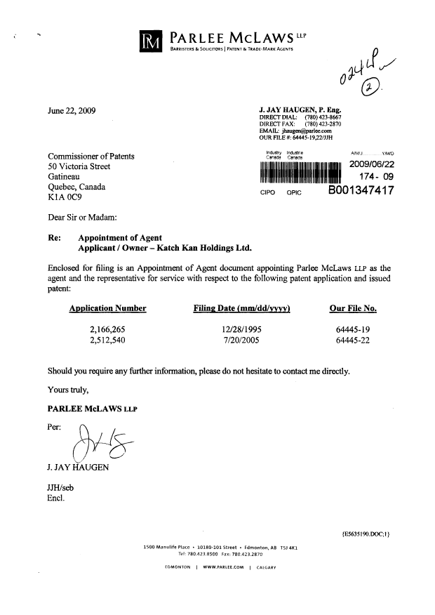 Document de brevet canadien 2166265. Correspondance 20081222. Image 1 de 3