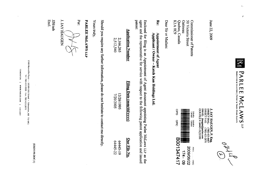 Canadian Patent Document 2166265. Correspondence 20081222. Image 1 of 3