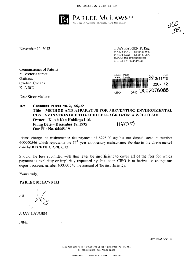 Document de brevet canadien 2166265. Taxes 20111219. Image 1 de 1