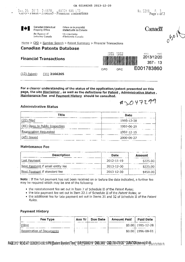 Canadian Patent Document 2166265. Fees 20121220. Image 1 of 3