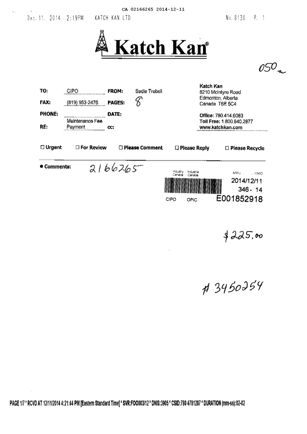 Canadian Patent Document 2166265. Fees 20141211. Image 1 of 6