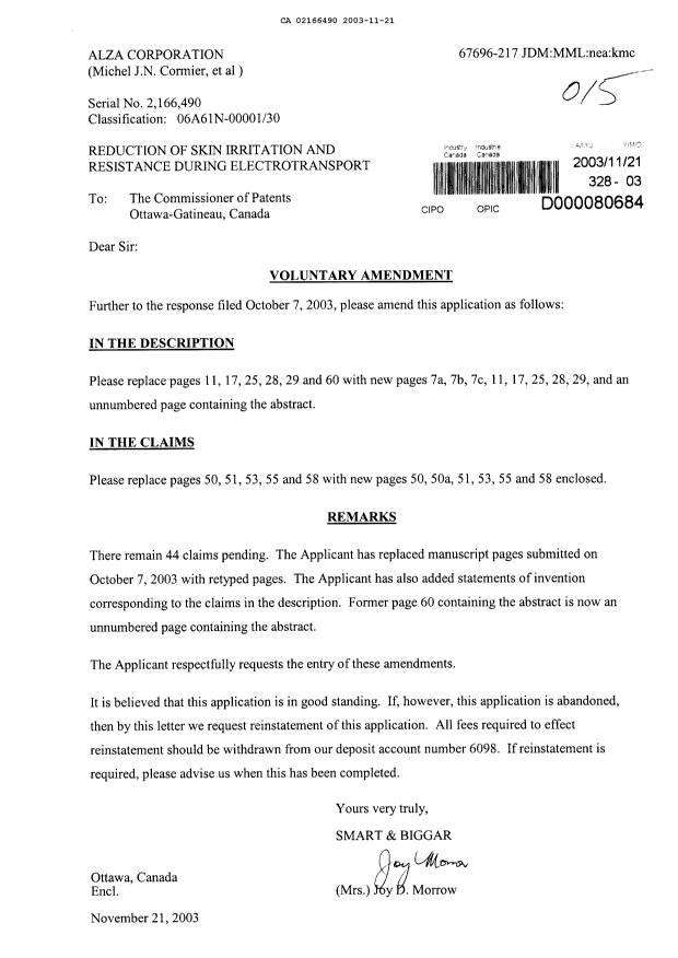 Document de brevet canadien 2166490. Poursuite-Amendment 20031121. Image 1 de 16