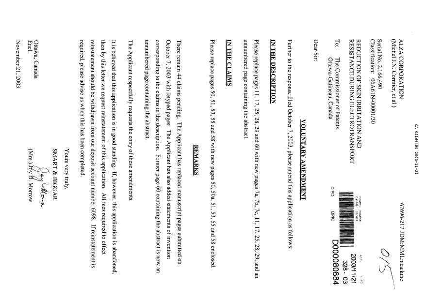 Document de brevet canadien 2166490. Poursuite-Amendment 20031121. Image 1 de 16