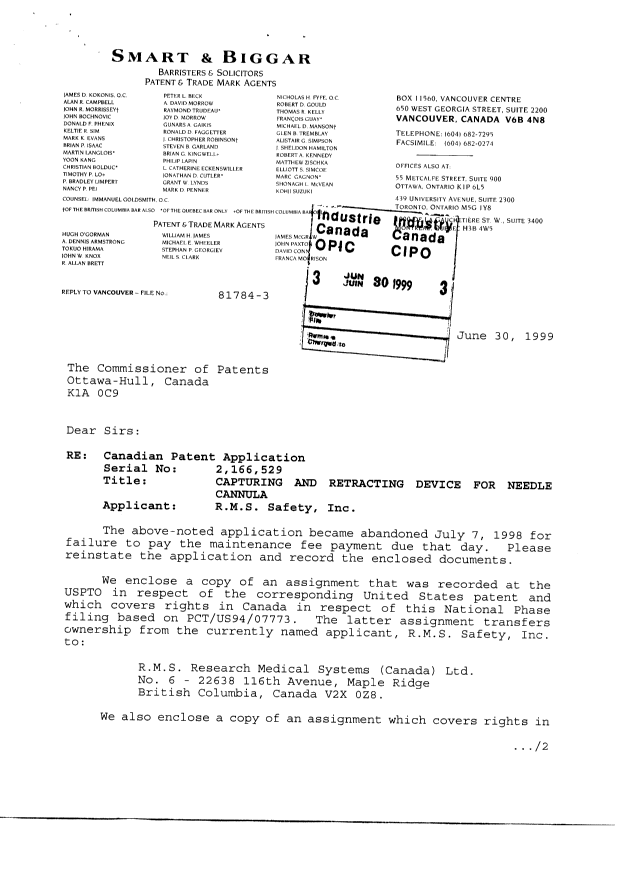 Document de brevet canadien 2166529. Correspondance 19990630. Image 1 de 3