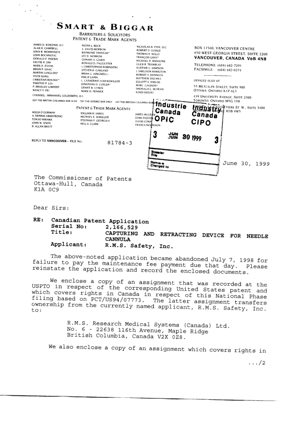 Document de brevet canadien 2166529. Cession 19990630. Image 1 de 11
