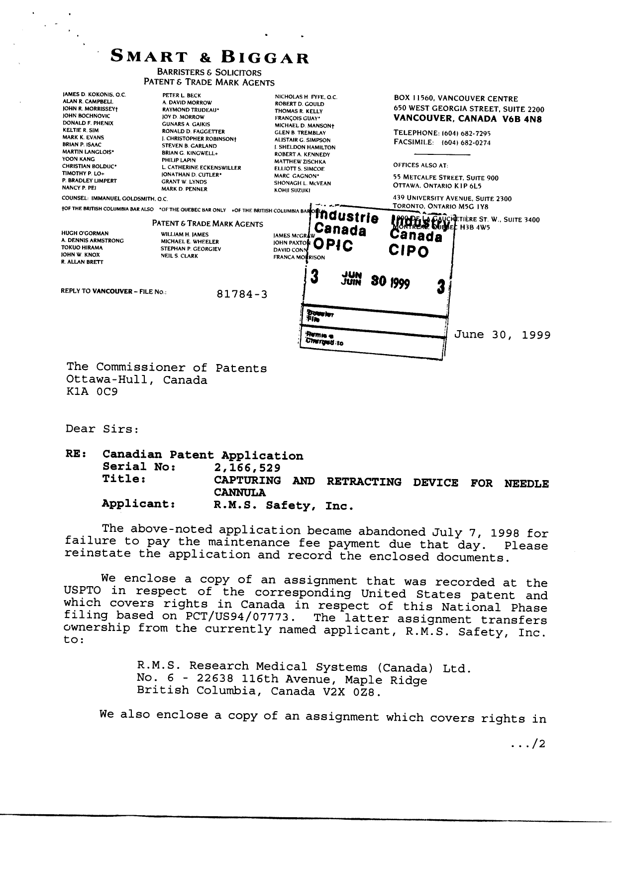 Canadian Patent Document 2166529. Correspondence 19990630. Image 1 of 3