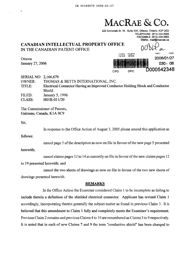 Document de brevet canadien 2166679. Poursuite-Amendment 20060127. Image 1 de 13