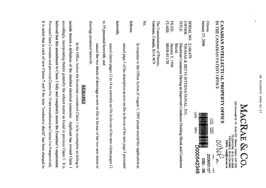 Canadian Patent Document 2166679. Prosecution-Amendment 20060127. Image 1 of 13
