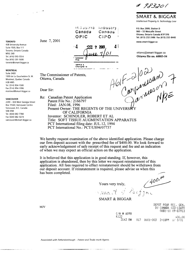 Document de brevet canadien 2166797. Poursuite-Amendment 20010607. Image 1 de 1