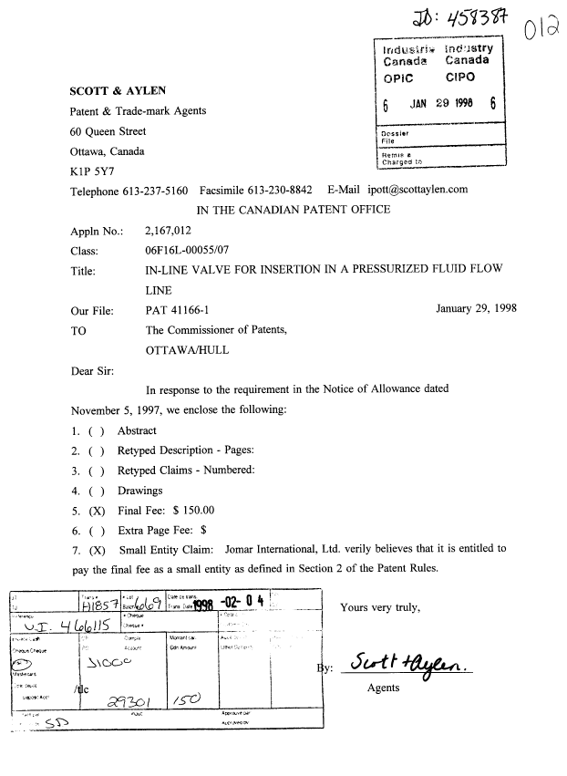 Canadian Patent Document 2167012. Correspondence 19980129. Image 1 of 1