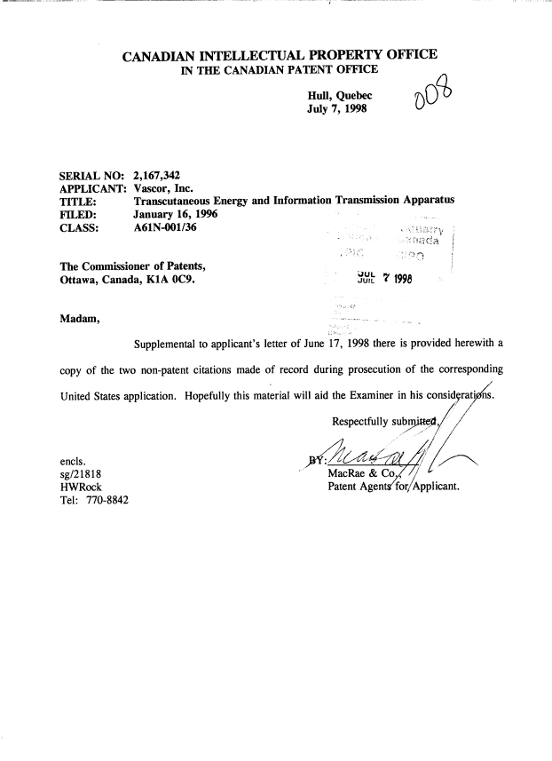 Canadian Patent Document 2167342. Prosecution-Amendment 19980707. Image 1 of 1