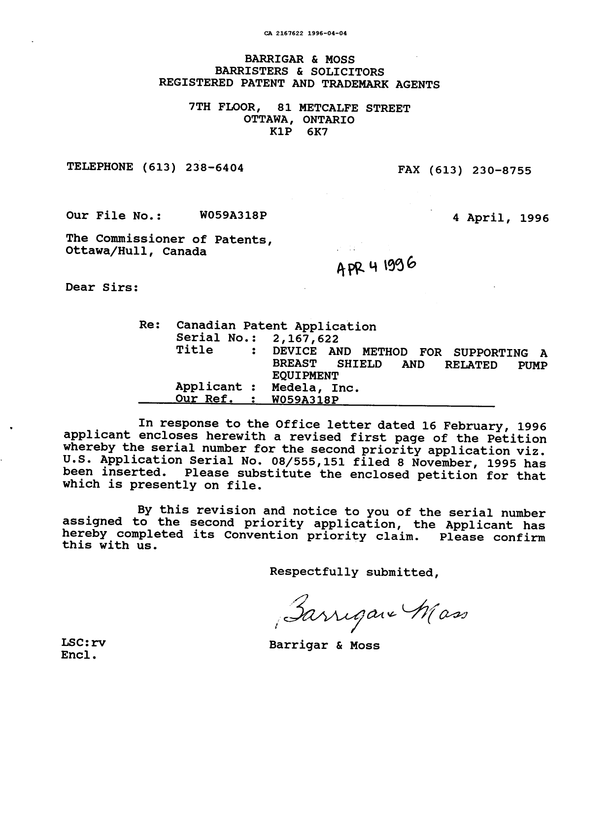Document de brevet canadien 2167622. Correspondance 19951204. Image 1 de 1