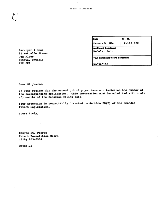 Canadian Patent Document 2167622. Correspondence 19951216. Image 1 of 1