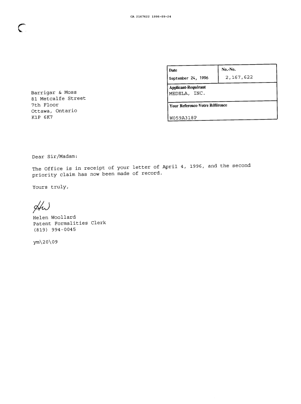 Canadian Patent Document 2167622. Correspondence 19951224. Image 1 of 1