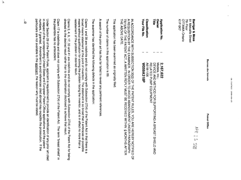 Canadian Patent Document 2167622. Prosecution Correspondence 19980415. Image 1 of 2