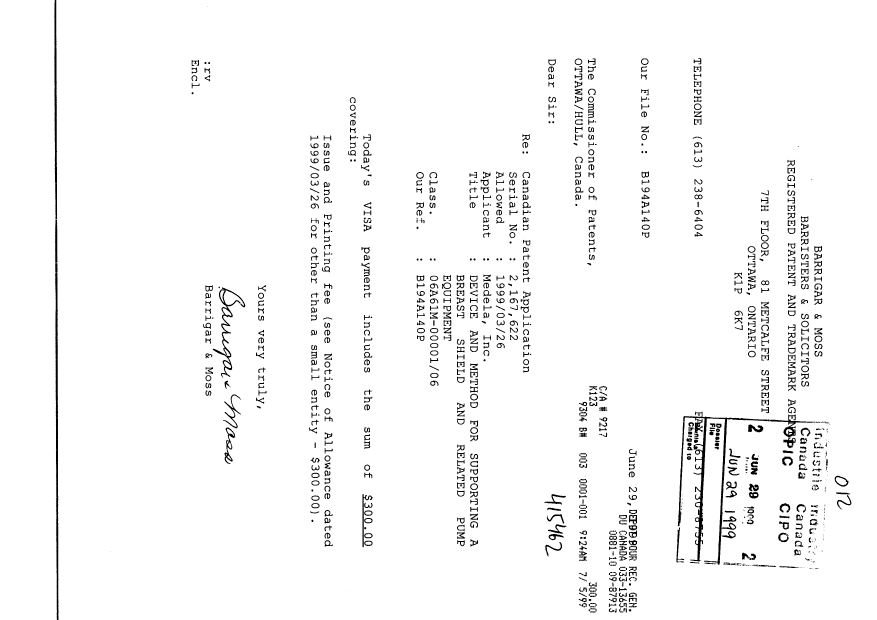Document de brevet canadien 2167622. Correspondance 19981229. Image 1 de 1