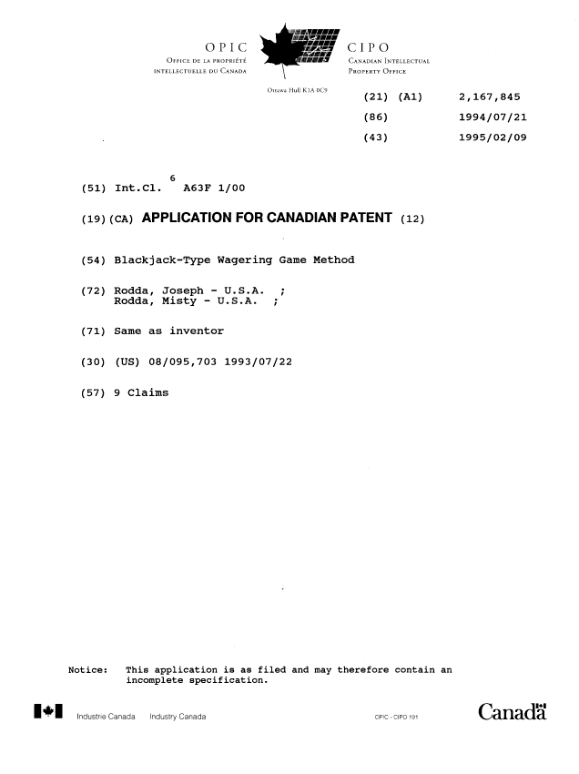 Canadian Patent Document 2167845. Cover Page 19960517. Image 1 of 1