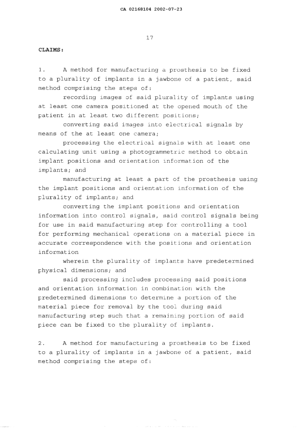 Document de brevet canadien 2168104. Revendications 20020723. Image 1 de 11
