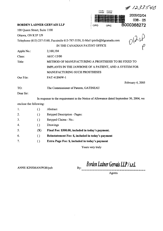 Document de brevet canadien 2168104. Correspondance 20050204. Image 1 de 1
