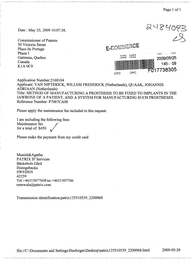 Document de brevet canadien 2168104. Taxes 20090525. Image 1 de 1