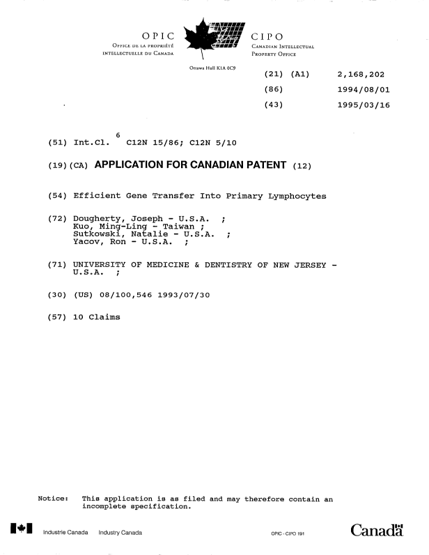 Document de brevet canadien 2168202. Page couverture 19960523. Image 1 de 1