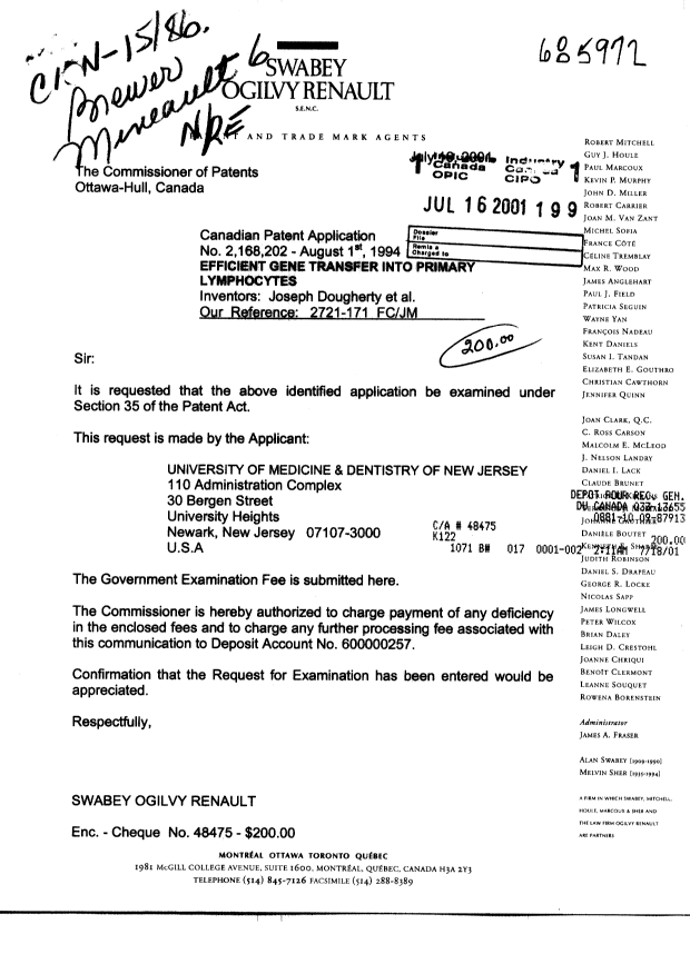 Canadian Patent Document 2168202. Prosecution-Amendment 20010716. Image 1 of 1