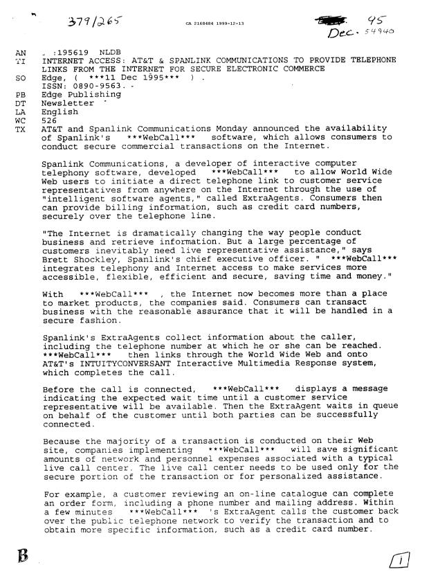 Document de brevet canadien 2168484. Correspondance de la poursuite 19991213. Image 1 de 10