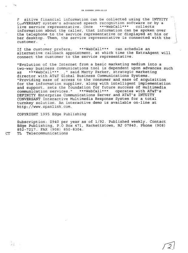 Canadian Patent Document 2168484. Prosecution Correspondence 19991213. Image 2 of 10