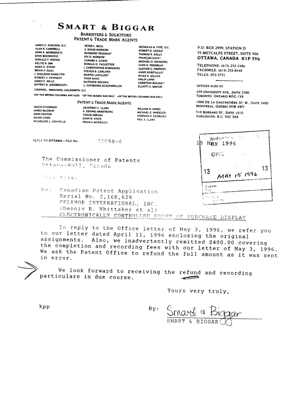 Canadian Patent Document 2168628. Correspondence 19960515. Image 1 of 2
