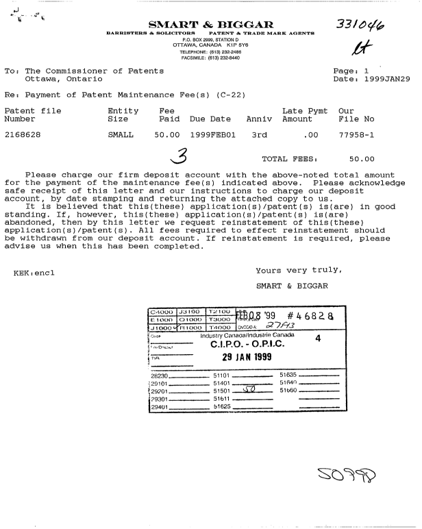 Canadian Patent Document 2168628. Fees 19990129. Image 1 of 2