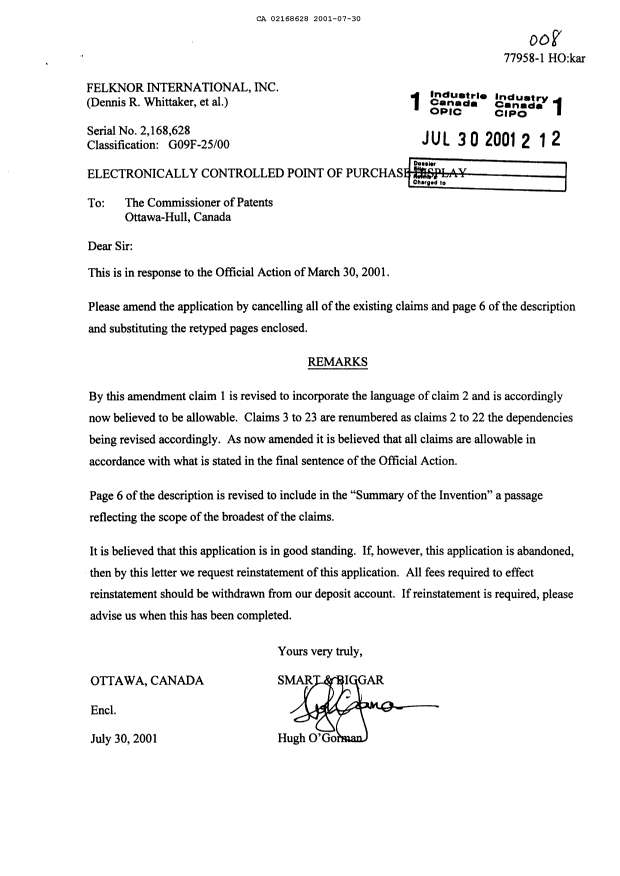 Canadian Patent Document 2168628. Prosecution-Amendment 20010730. Image 1 of 12