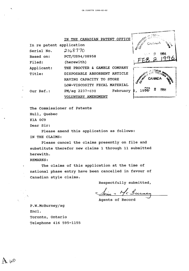 Document de brevet canadien 2168770. Correspondance de la poursuite 19960202. Image 1 de 1