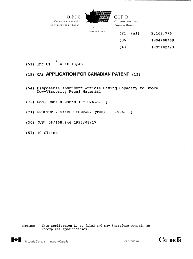 Document de brevet canadien 2168770. Page couverture 19960530. Image 1 de 1