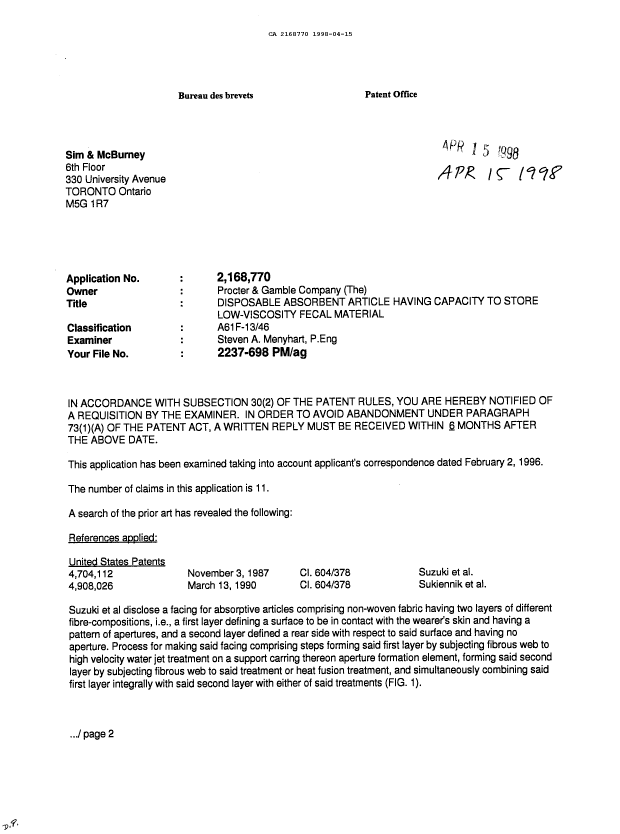 Document de brevet canadien 2168770. Demande d'examen 19980415. Image 1 de 2