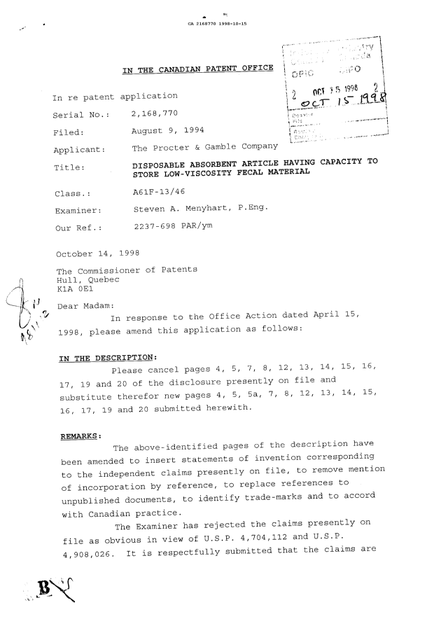 Canadian Patent Document 2168770. Prosecution Correspondence 19981015. Image 1 of 3