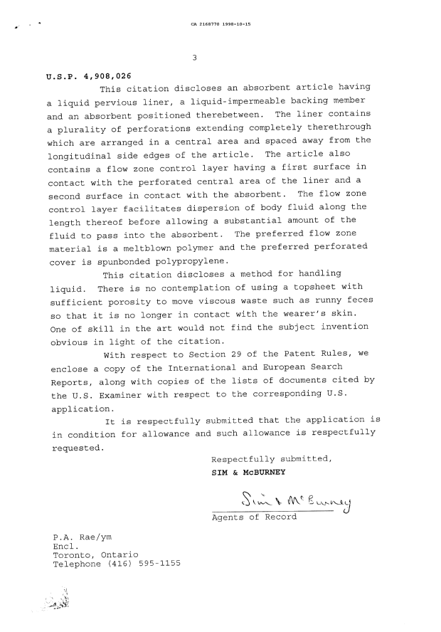Canadian Patent Document 2168770. Prosecution Correspondence 19981015. Image 3 of 3