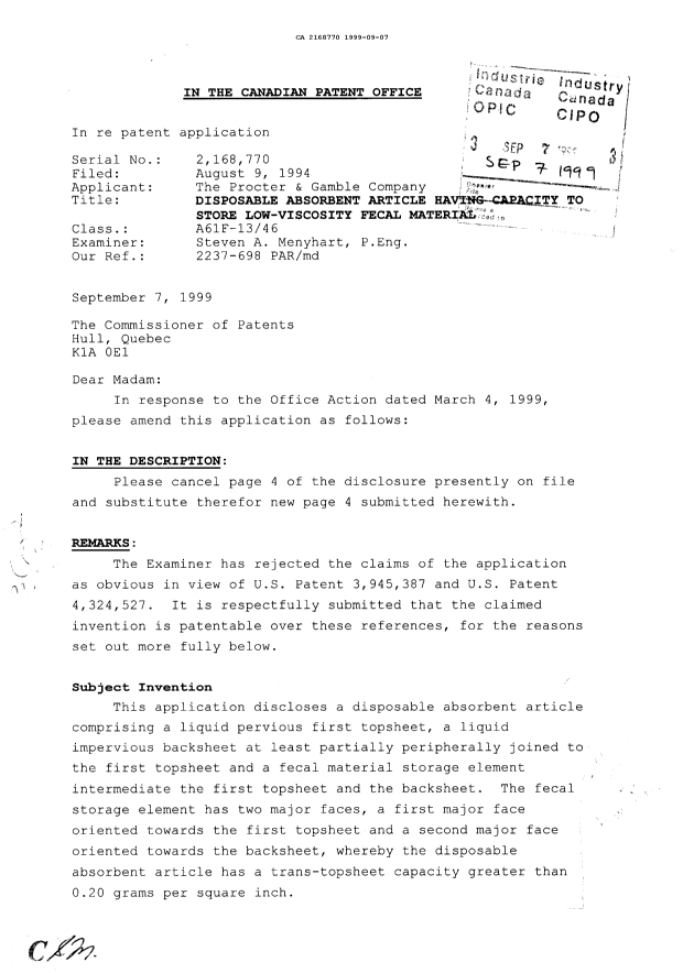 Document de brevet canadien 2168770. Correspondance de la poursuite 19990907. Image 1 de 2