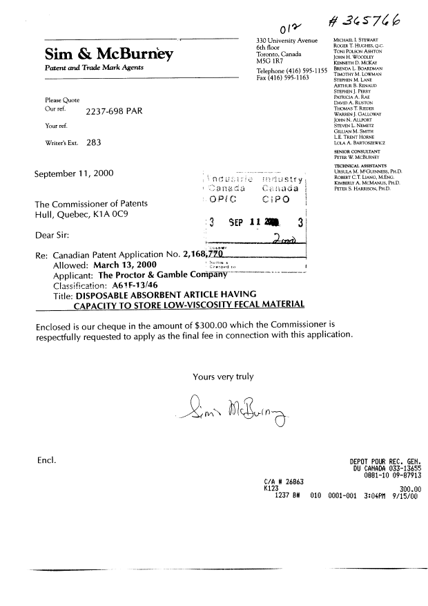 Document de brevet canadien 2168770. Correspondance 20000911. Image 1 de 1