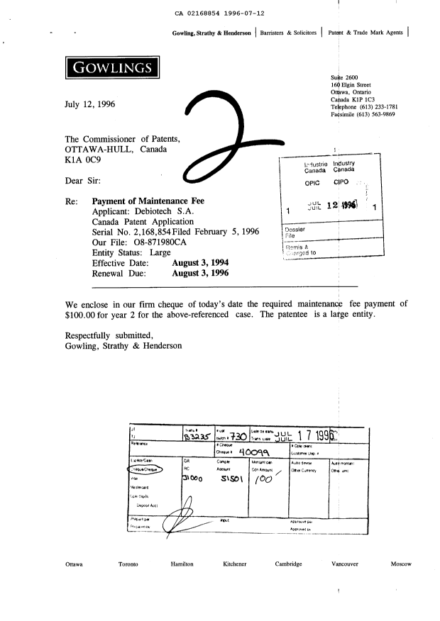 Document de brevet canadien 2168854. Taxes 19960712. Image 1 de 1