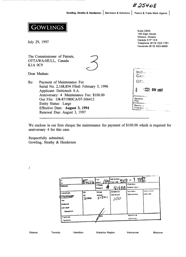 Document de brevet canadien 2168854. Taxes 19970729. Image 1 de 1