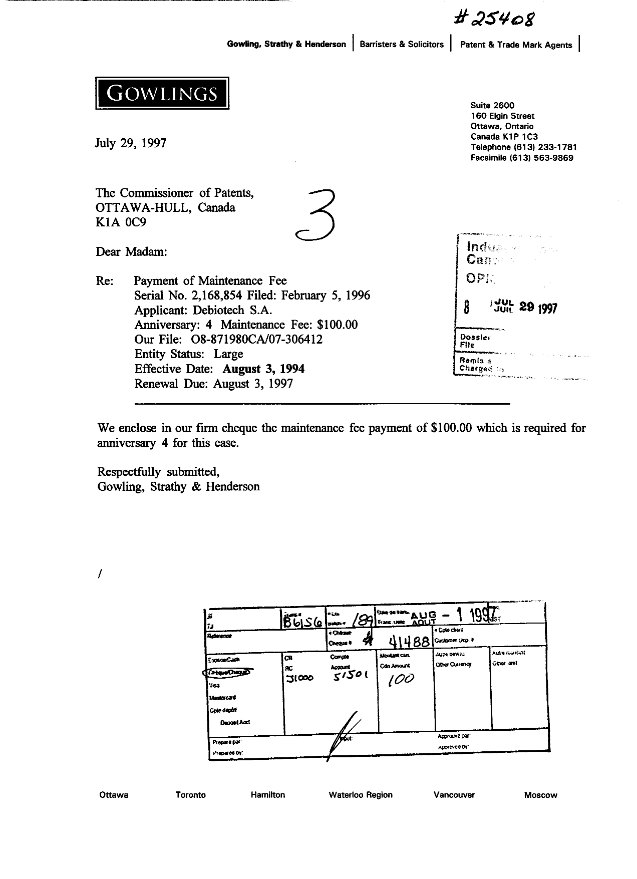 Canadian Patent Document 2168854. Fees 19970729. Image 1 of 1