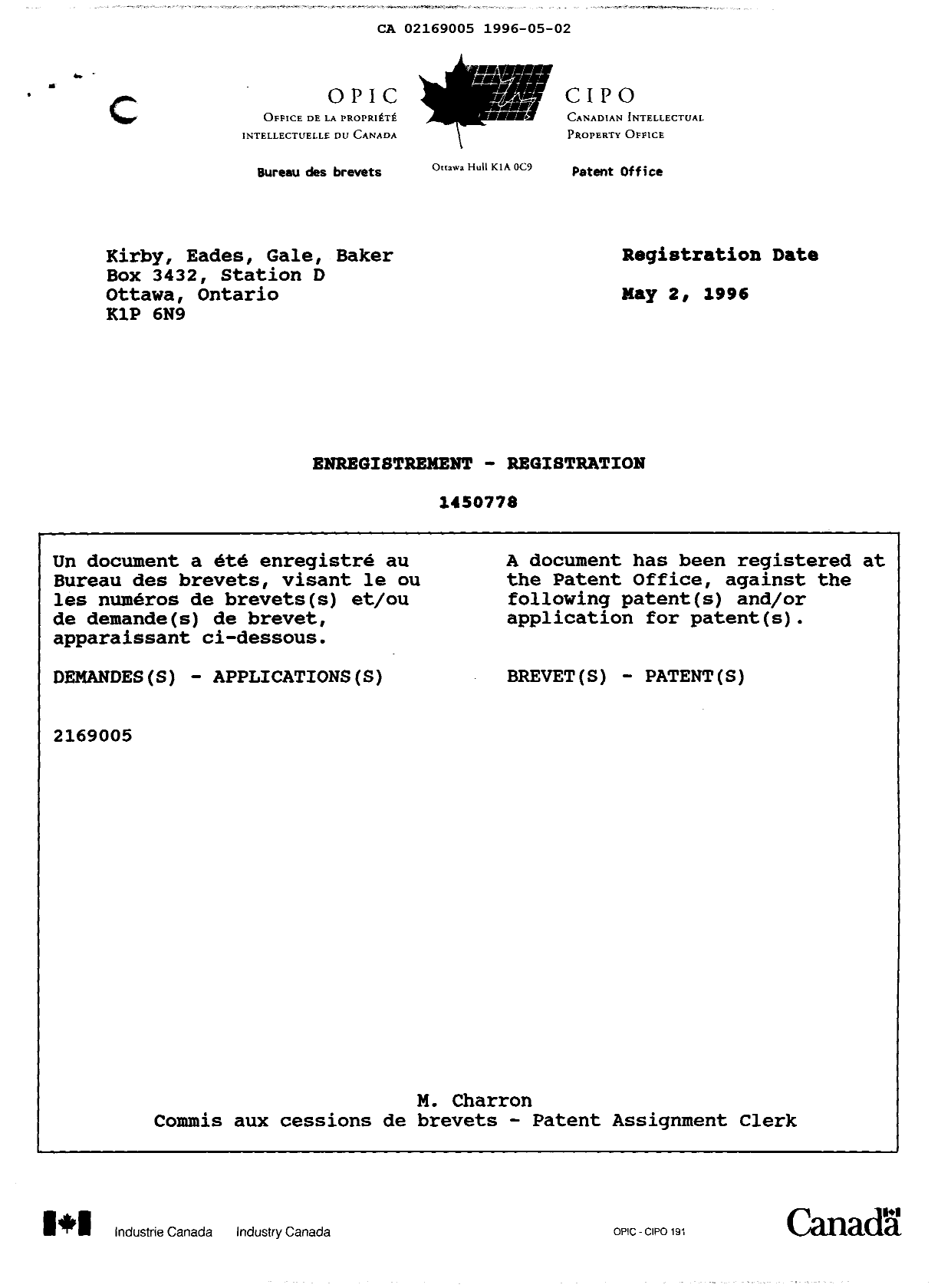 Document de brevet canadien 2169005. Correspondance 19951202. Image 1 de 1