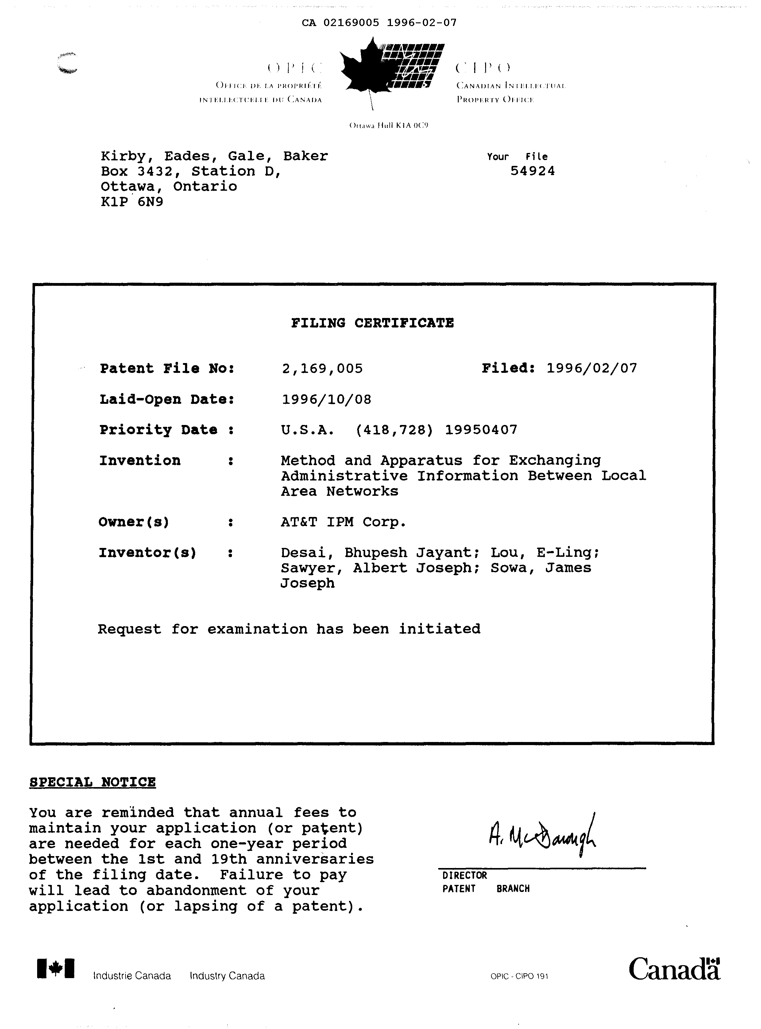Canadian Patent Document 2169005. Correspondence 19951207. Image 1 of 1