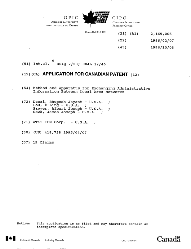 Canadian Patent Document 2169005. Cover Page 19951227. Image 1 of 1