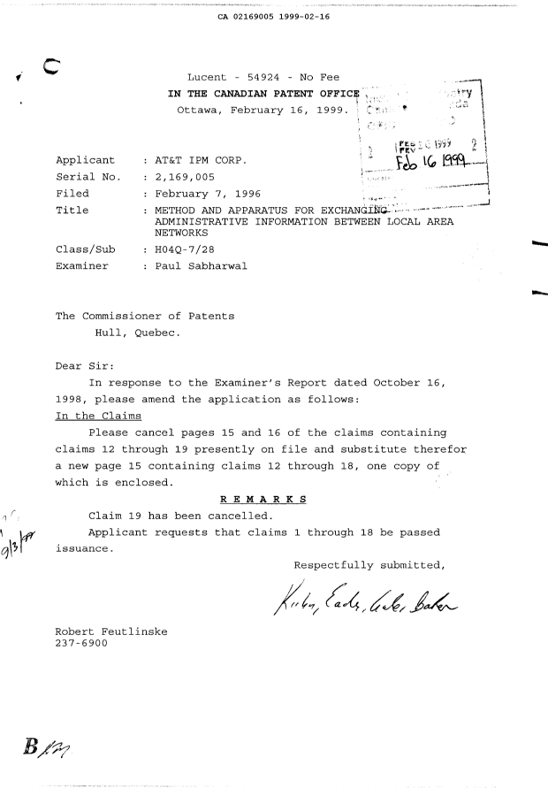 Canadian Patent Document 2169005. Prosecution-Amendment 19981216. Image 1 of 1