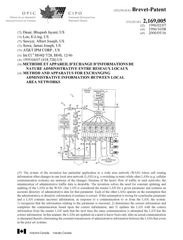 Canadian Patent Document 2169005. Cover Page 19991225. Image 1 of 1